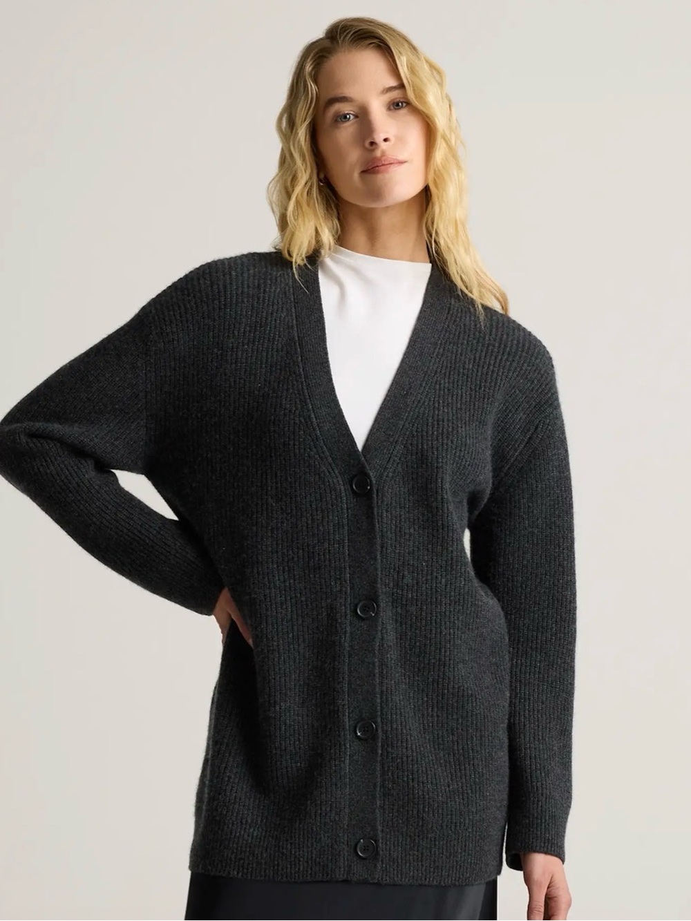NEW Quince Mongolian Cashmere Oversized Boyfriend Cardigan in Heather Charcoal